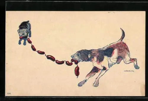 Künstler-AK sign. C. Meurling: Zwei Hunde streiten sich um ein Reihe von Würsten