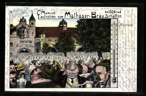 Künstler-AK München, Mathäserbräu, Bayerstrasse, 30 Grad im Schatten, Männer trinken aus Bierkrügen