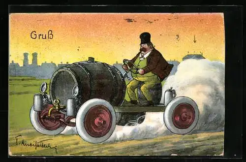 AK Beleibter Herr im Auto mit Bierfass als Motor