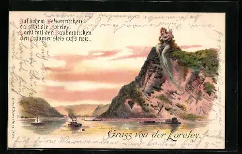 AK Die Loreley, Göttin spielt Lyra auf dem Berg