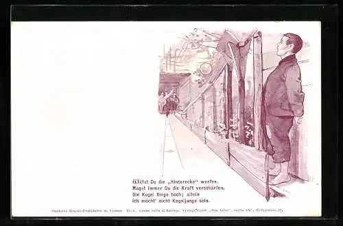 AK Der Kegeljunge in Gefahr durch einen hohen Wurf