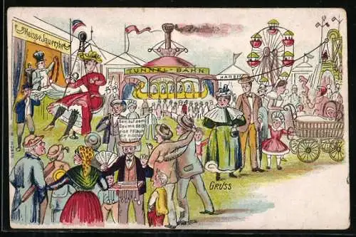 Künstler-AK Jahrmarkt mit Riesenrad und Tunnel-Bahn