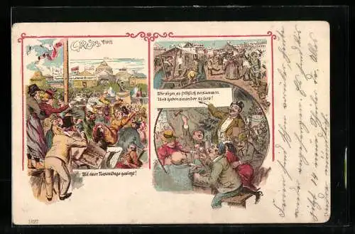 Lithographie Gruss vom Volksfest, Feiernde im Festzelt