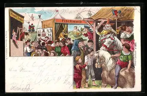 Lithographie Augsburg, Gruss von der Jakober Kirchweih, Volksfest mit Kasperl` Theater und Fischweib
