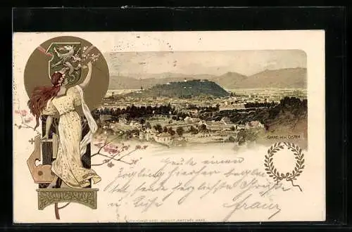 Lithographie Graz, Panorama des Ortes, Frau mit Harfe vor dem Ortswappen