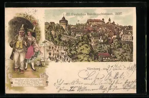 Lithographie Nürnberg, XII. Deutsches Bundesschiessen 1897, Teilansicht, Schütze mit Frau in Tracht