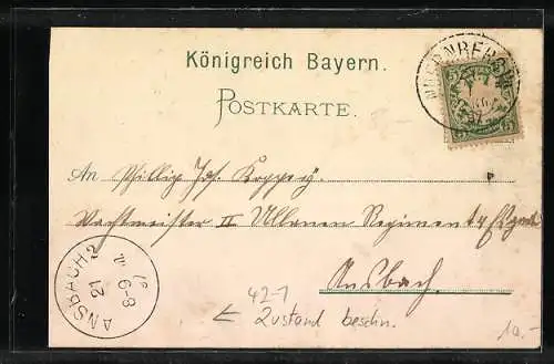 Lithographie Nürnberg, XII. Deutsches Bundesschiessen 1897, Teilansicht, Schütze mit Frau in Tracht