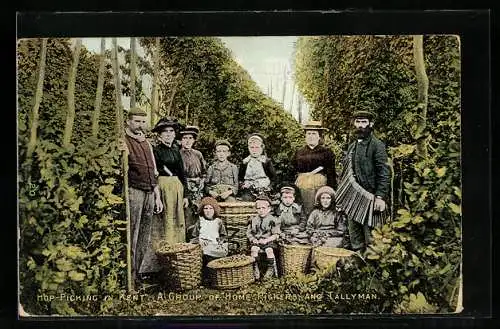 AK Hop-Picking in Kent, A Group of Home Pickers and Tallyman