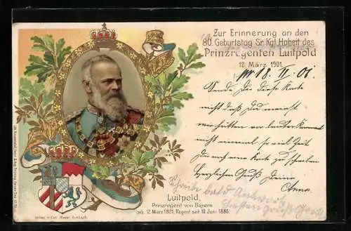 Präge-AK Prinzregent Luitpold von Bayern zum Anlass seines 80. Geburtstages 1901