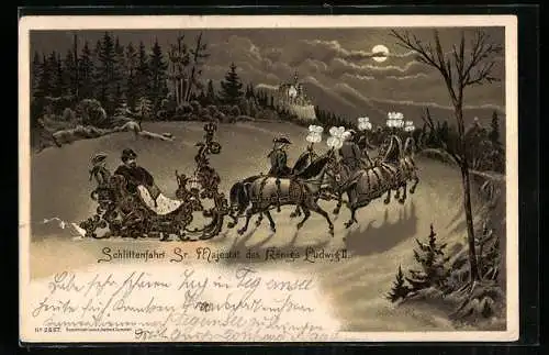 Lithographie Schlittenfahrt des Königs Ludwig II. in einer Winternacht