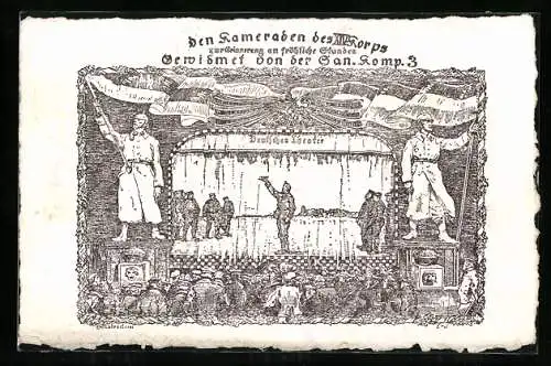 AK Widmung der San. Komp. 3 an den XIV. Korps mit Deutschem Theater