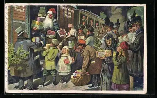 AK Der feldgraue Weihnachtsmann fährt zur Front, Familien mit Liebesgaben am Zug