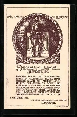 AK Ehren-Tafel Inf. Rgt. 186