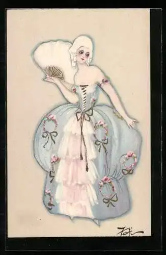 Künstler-AK Dame im blauen Rüschenkleid mit Fächer, Art Deco