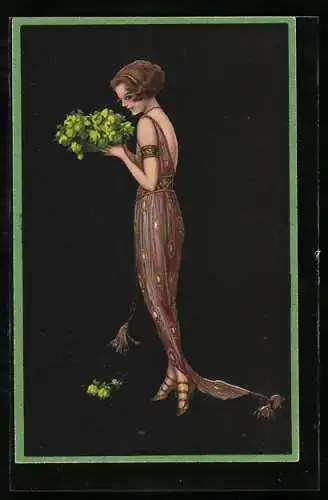 AK junge Dame in leichtem Kleid mit Blumen, Art Deco