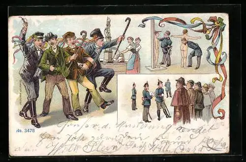 Lithographie Gruss von der Musterung, Männer und Frauen am Brunnen, Soldaten in Uniform