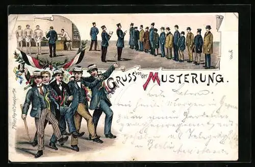 Lithographie Gruss von der Musterung, Rekruten beim Appell, Szene während der Musterung, taugliche Rekruten feiern