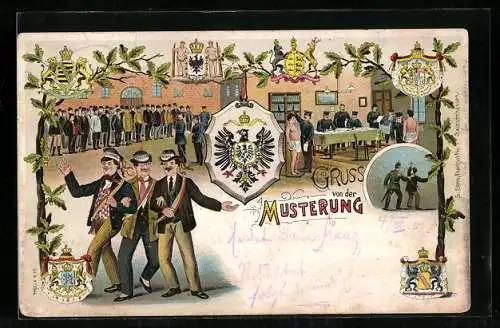 Lithographie Gruss von der Musterung, Wappen, Eichenlaub, Infanterist und Artillerist