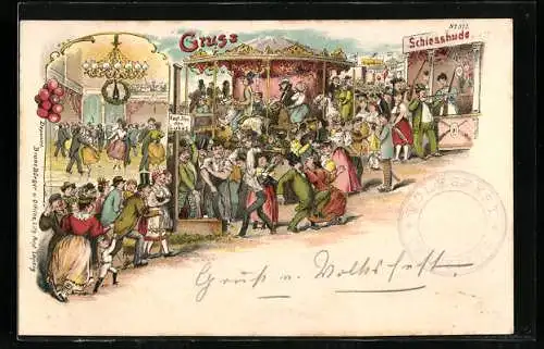 Lithographie Szenen vom Volksfest, Ballsaal, Hau den Lukas, Karussel, Schiessbude