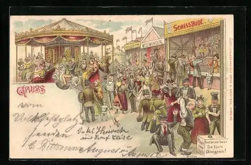 Lithographie Volksfest mit Schiessbude und Karrussel