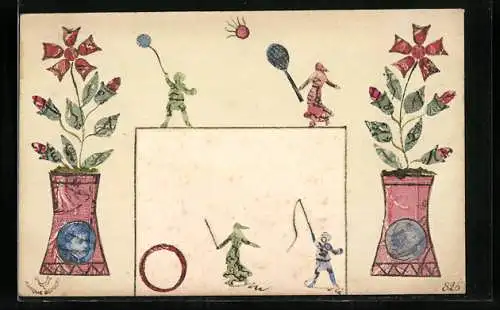 AK Briefmarkencollage, zwei blühende Pflanzen in Vasen und vier Kinder mit verschiedenem Spielzeug