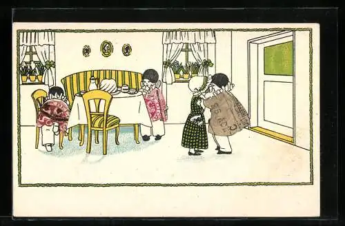 AK Briefmarkencollage, Vier Kinder im Esszimmer, die Kleider aus Briefmarkenschnitten