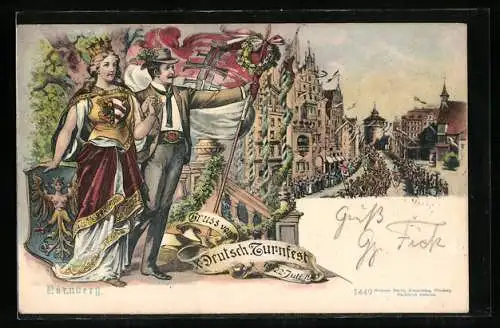 Lithographie Nürnberg, Parade zum X. Deutschen Turnfest 1903, Nymphe Noris mit Wappenschild