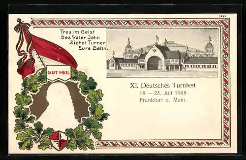 AK Frankfurt a. M., Festhalle, XI. Deutsches Turnfest 1908, geprägtes Konterfei eines bärtigen Mannes