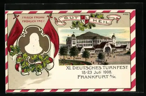 Künstler-Präge-AK Frankfurt a / M., XI. Deutsches Turnfest 1908, Festhalle, Turnvater Jahn, Frisch fromm fröhlich frei!