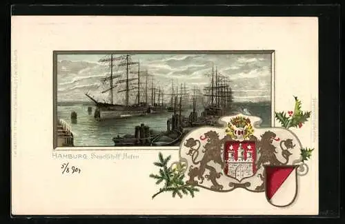Passepartout-AK Hamburg, Hafenansicht mit Segelschiffen, Stadtwappen