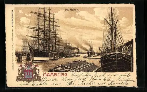Lithographie Hamburg, Hafenbild, Stadtwappen