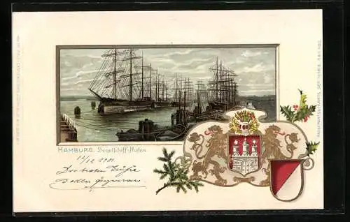 Passepartout-AK Hamburg, Hafenansicht mit Segelschiffen, Stadtwappen