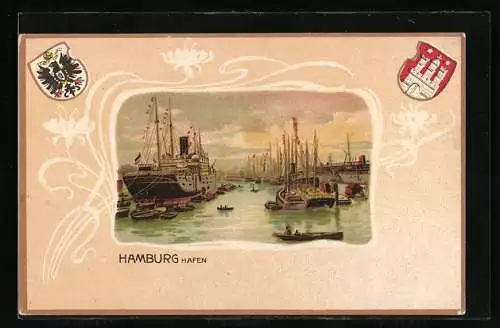 Passepartout-Lithographie Hambur, Schiffe im Hafen, Wappen