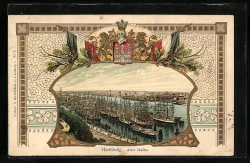 Passepartout-Lithographie Hamburg-Harburg, Alter Hafen, Wappen