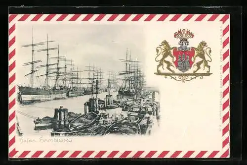 AK Hamburg, Segelschiffe im Hafen, Stadtwappen