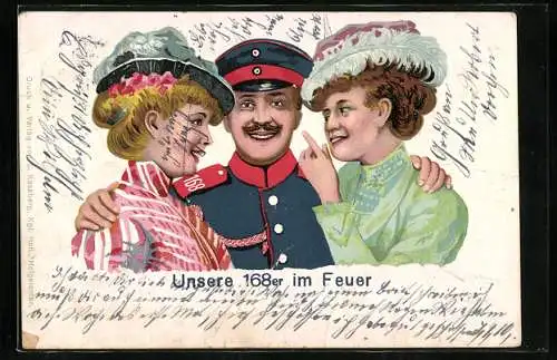 Künstler-AK Soldat der Hohenzollern-Füsiliere Reg. 40 mit zwei Damen im Arm