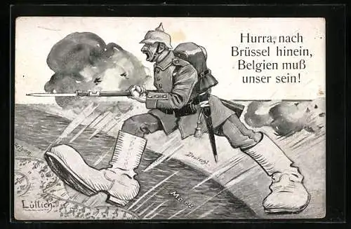 Künstler-AK Deutscher Soldat marschiert in Brüssel ein, Propaganda 1. Weltkrieg