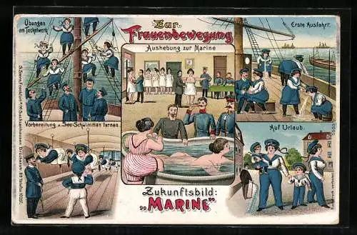 Lithographie Zukunftsbild der Marine, Frauenbewegung, Emanzipation