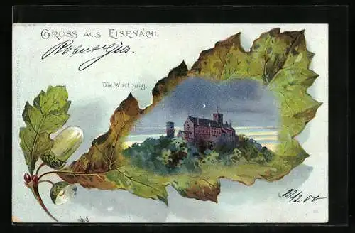 Passepartout-Lithographie Eisenach, Die Wartburg, Eichenblatt