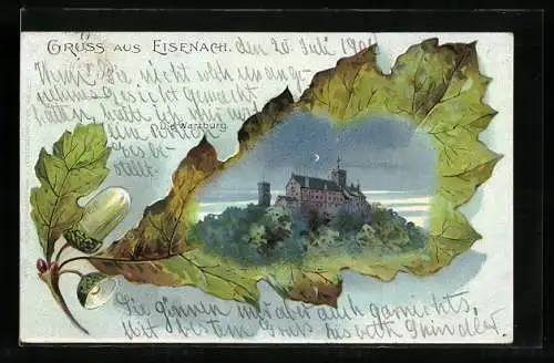 Passepartout-Lithographie Eisenach, Die Wartburg, Eichenblatt