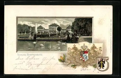 Lithographie München-Nymphenburg, Partie am Schloss, Wappen