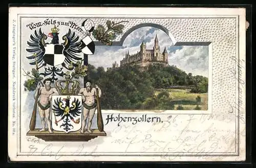 Lithographie Hohenzollern, Burg im Wald mit Wappen