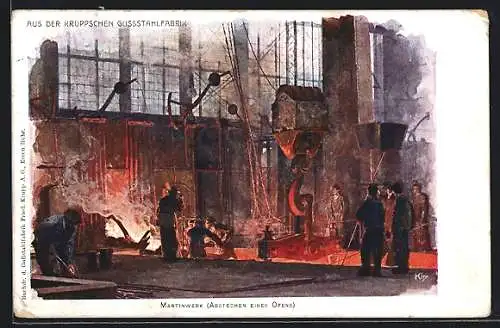 Künstler-AK Essen, Abstechen eines Ofens in der Kruppschen Gussstahlfabrik