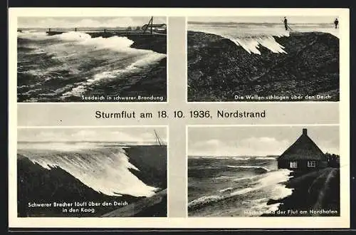 AK Nordstrand, Sturmflut am 18.10.1936, Höchststand der Flut am Nordhafen