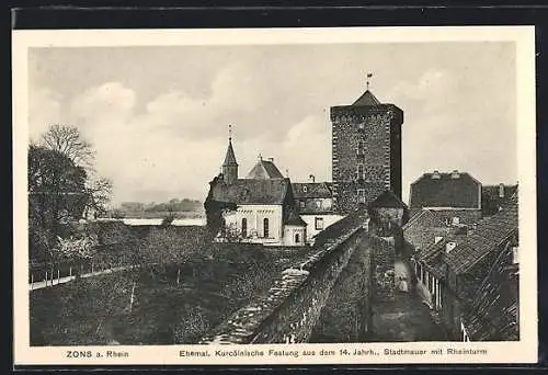 AK Zons a. Rhein, Stadtmauer mit Rheinturm