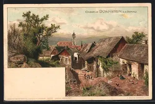 Künstler-AK Dürnstein / Donau, Gasse mit Bauernhäusern