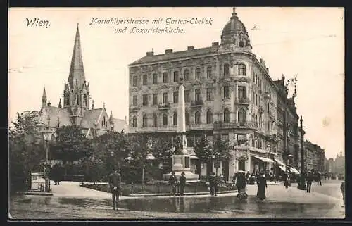 AK Wien, Mariahilferstrasse mit Garten-Obelisk und Lazaristenkirche