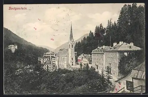 AK Badgastein, Strassenpartie mit Kirche und Badehaus Gruber