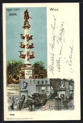 Lithographie Wien, Tegetthoff-Monument und Aspernbrücke