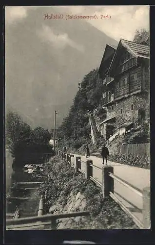 AK Hallstatt, Strasse und Häuser am Fluss